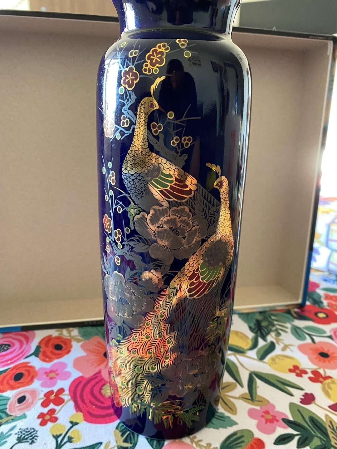 Japanese Glistening Dark Blue Peacock Vase From 1980s With Gold ...