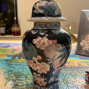 Vintage Chinese Porcelain Ginger Jar with Lid – Blue & Peach Floral Design