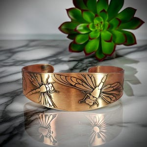 Flora & Fauna Copper Cuff, Etched Dragonfly Antique Copper Bracelet (6.25 or 7 inch)
