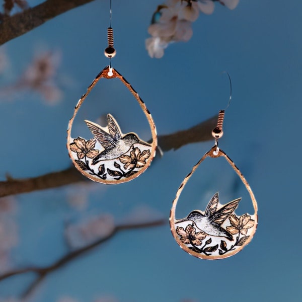 Copper Hummingbird Earrings, Hummingbird Jewelry, Hummingbird Floral Copper Cutout Earrings, Nature Art Earrings, Copper Bird Jewelry