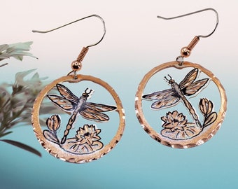 Copper Dragonfly Earrings, Cutout Dragonfly & Floral Earrings, Pure Copper Earrings, Copper Art Earrings, Copper Jewelry, Urbanrose