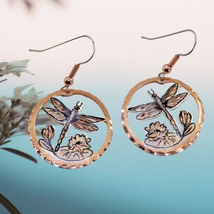 Copper Dragonfly Earrings, Cutout Dragonfly & Floral Earrings, Pure Copper Earrings, Copper Art Earrings, Copper Jewelry, Urbanrose