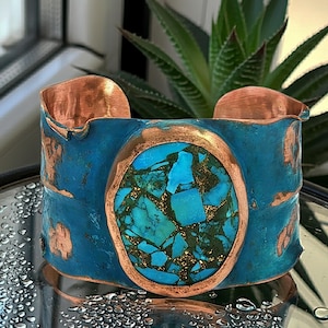 Verdigris Copper Cuff Bracelet Handmade Statement, Large Copper-Turquoise Stone (Two Sizes, Adjustable Fit)