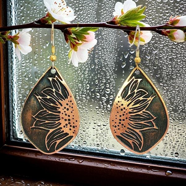 Sunflower Earrings: Handcrafted Copper Teardrops - Rustic Antique Copper Finish