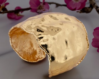 Crumpled Molten Gold Cuff Bracelet, Crumpled Gold Cuff With Molten Edging, Wide Crinkled Cuff With Tapered Edges, Crinkled Cuff