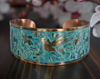 Solid Copper Patina Cuff Bracelet With Hummingbird & Floral Motif, DARK Verdigris Rustic Patina Tapered FLAT Copper Cuff Bracelet