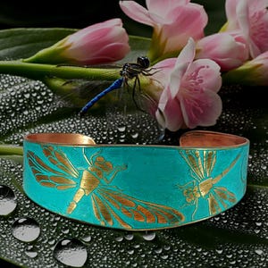 Flora & Fauna Copper Cuff, Etched Dragonfly Verdigris Bracelet (6.25 or 7 inch)