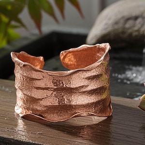 Copper Cuff Bracelet: Crinkled Torn Edge - Adjustable Crumpled Foil Style