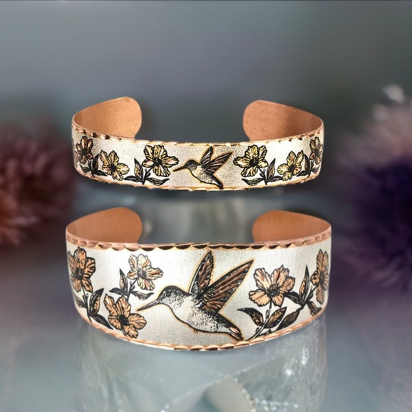 Manchette colibri, bracelet colibri, cadeaux colibri, bijoux colibri pour femme, bracelet art cuivre, cadeau pour elle, cadeau femme