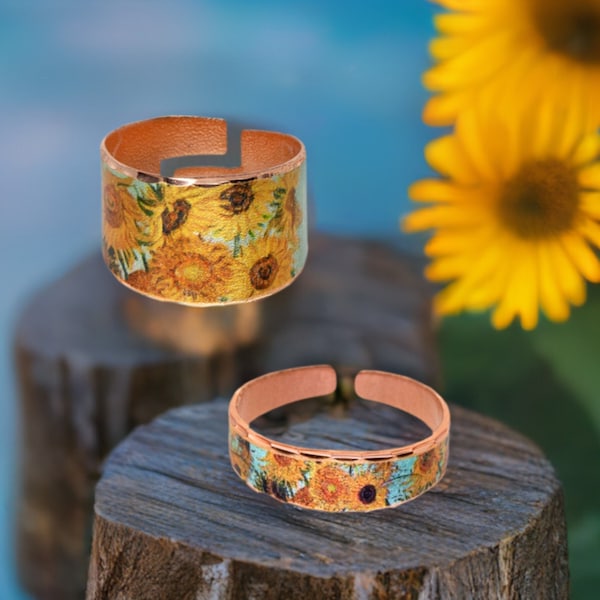 COPPER Ring, Van Gogh Sunflowers Ring, Copper Art Ring, Handcrafted Copper Ring With Pure Copper & Colorful Artwork, Adjustable Copper Ring