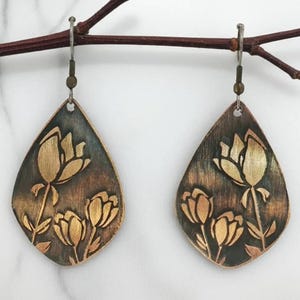 Tulip Earrings: Handmade Copper Teardrop Earrings - Etched Floral Design