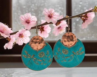 Flora & Fauna Copper Earrings, Dragonfly Split Circle Verdigris Patina Dangle Style