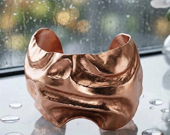 Wide Crumpled Solid Copper Cuff Bracelet - Adjustable