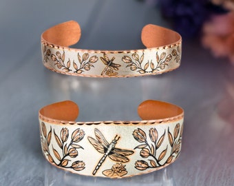 Dragonfly Copper Cuff Bracelet: Floral Art Jewelry