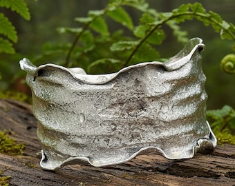 Sterling Silver Overlay on Copper Cuff Bracelet, Crumpled Foil, Torn Edge