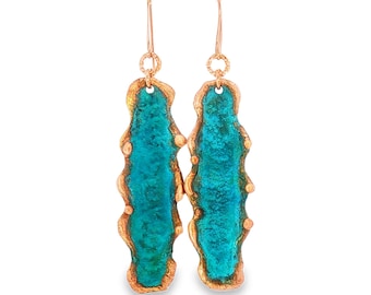 Solid Copper Earrings, Verdigris Patina Dangles (2.5" Long)