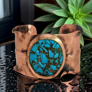 Solid Copper Cuff Bracelet: Rustic Antique Copper Finish, Turquoise Stone (Adjustable, 2 Sizes)