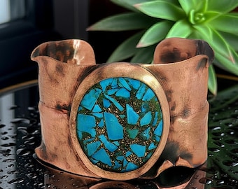 Solid Copper Cuff Bracelet: Rustic Antique Copper Finish, Turquoise Stone (Adjustable, 2 Sizes)