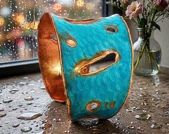 Verdigris Patina Copper Cuff Bracelet: Molten Edging, Cutouts & Tapered, Adjustable