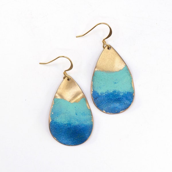 Closeout Item Handmade Verdigris Patina Teardrop Earrings with Gilded Gold Leaf, Blue Turquoise Hombre Patina