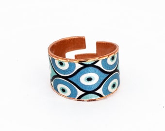 EVIL EYE Ring, Blue Bracelet, Copper Art Ring, Handcrafted Copper Ring Pure Copper & Colorful Artwork, Adjustable Copper Ring