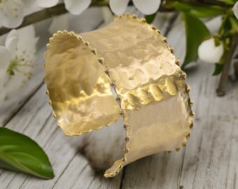Gold Cuff, Brass Statement Cuff Bracelet With Fluted Edges, Luxury Polished Hammered Brass Cuff Concave Design, Fancy Gold Brass Cuff