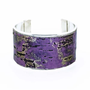Leather Cuff Bracelet, RUSTIC PURPLE Cuff, Leather Jewelry, Wide Cuff Bracelet, Brass Cuff, Driftwood Print Jewelry, Metallic Silver Cuff