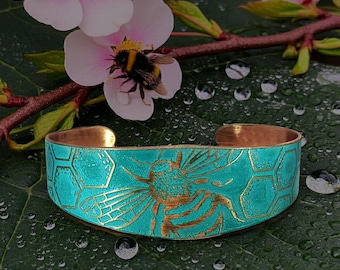 Flora & Fauna Copper Cuff, Etched Verdigris Bumblebee Bracelet (6.25 or 7 inch)