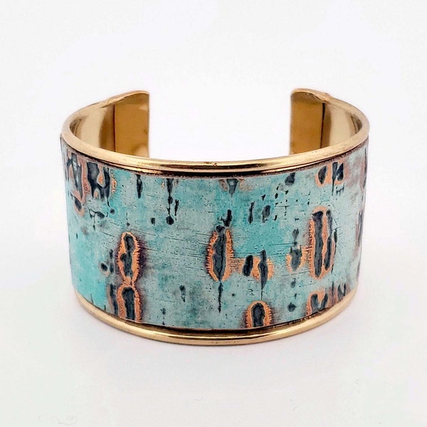 Leather Cuff Bracelet, TURQUOISE Cuff Bracelet, Leather Jewelry, Wide Cuff Bracelet, Brass Cuff, Driftwood Print Jewelry, Metallic Gold Cuff