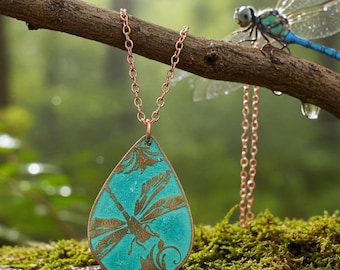 Etched Copper Dragonfly Pendant: Verdigris Patina, 22" Rolo Chain