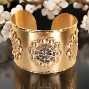 Wide Gold Cuff, Molten Wide Gold Brass Cuff with Flower Cutouts & Rhinestones, Luxury Wide Gold Brass Cuff With Hammered Puffed Circles