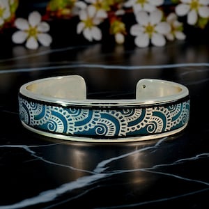 Handmade Leather Cuff Bracelet, Blue Silver Waves - Adjustable Silver Brass Band