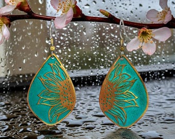 Rustic Copper Sunflower Teardrop Earrings, Verdigris Patina (Hand Etched, 1.5")