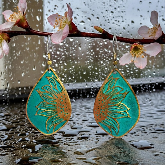 Rustic Copper Sunflower Teardrop Earrings, Verdigris Patina (Hand Etched, 1.5")