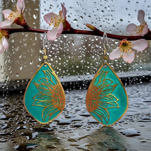 Rustic Copper Sunflower Teardrop Earrings, Verdigris Patina (Hand Etched, 1.5")