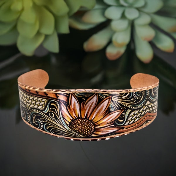 Western SUNFLOWERS Cuff Bracelet, Native Art Bracelet, Sunflower Jewelry, Floral Copper Art Cuff, Women Gift, Handmade Gift for Her