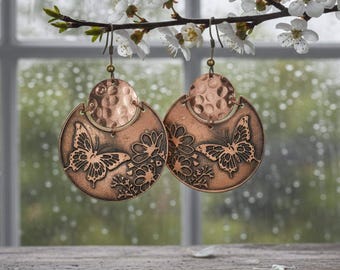 Flora & Fauna Copper Earrings, Butterfly Split Circle Antique Copper Dangle Style