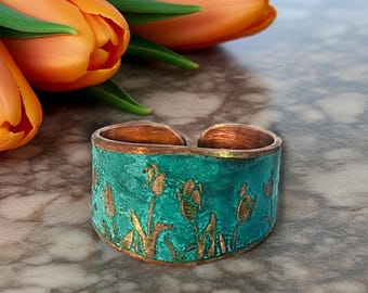 Tulip Cigar Band Ring: Rustic Verdigris Copper (Handmade Adjustable)