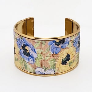 Portugal Jewelry, Portuguese Cork Cuff, BLUE YELLOW FLORAL Cork & Brass Cuff Bracelet, Natural Cuff, Brass Cuff, Cork Cuff, Floral Cuff