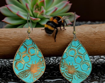 Etched Bumblebee Copper Earrings: Rustic Verdigris Patina Teardrops (Flora & Fauna Collection)