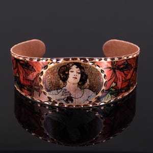 Alphonse Mucha Copper Cuff Bracelet: Ruby Art Nouveau Jewelry image 10