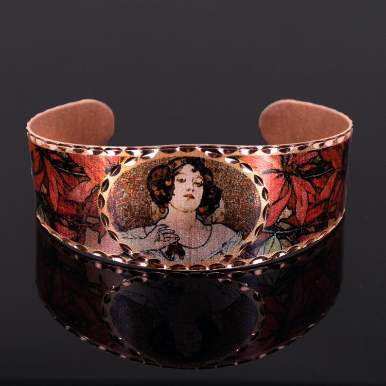 Alphonse Mucha Copper Cuff Bracelet: Ruby Art Nouveau Jewelry image 10