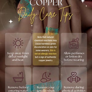 The image is a collage of six images with text providing daily care tips for copper jewelry. The text includes advice on how to care for copper jewelry, such as keeping it away from direct sunlight and heat, allowing perfume before wearing, and removing before entering water or after sleeping.