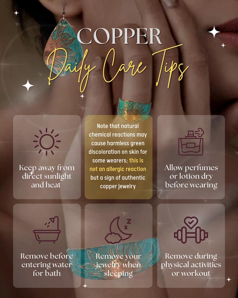 The image is a collage of six images with text providing daily care tips for copper jewelry. The text includes advice on how to care for copper jewelry, such as keeping it away from direct sunlight and heat, allowing perfume before wearing, and removing before entering water or after sleeping.