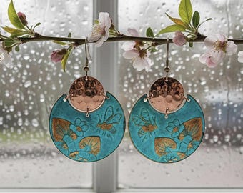 Flora & Fauna Copper Earrings, Bumblebee Split Circle Verdigris Patina Dangle Style