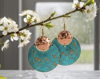 Flora & Fauna Copper Earrings, Butterfly Split Circle Verdigris Patina Dangle Style