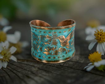 Solid Copper Hummingbird Cuff Ring -  DARK Verdigris Rustic Patina Hummingbird & Floral Design - Luxury CONCAVE Shape
