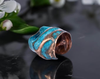 Cuff Rings, Designer Ring, Statement Ring, Wide Verdigris Copper Band, Organic Crumpled Metal Jewelry, 2 Adjustable Sizes