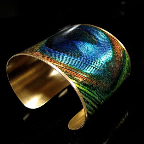 Photo Cuff, Brass Cuff, Wide Cuff Bracelet, Altered Art Jewelry, Photo Jewelry - PEACOCK Feather - Sealed in Resin
