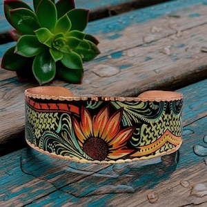 Western Sunflowers Copper Cuff Bracelet: Native Art Jewelry